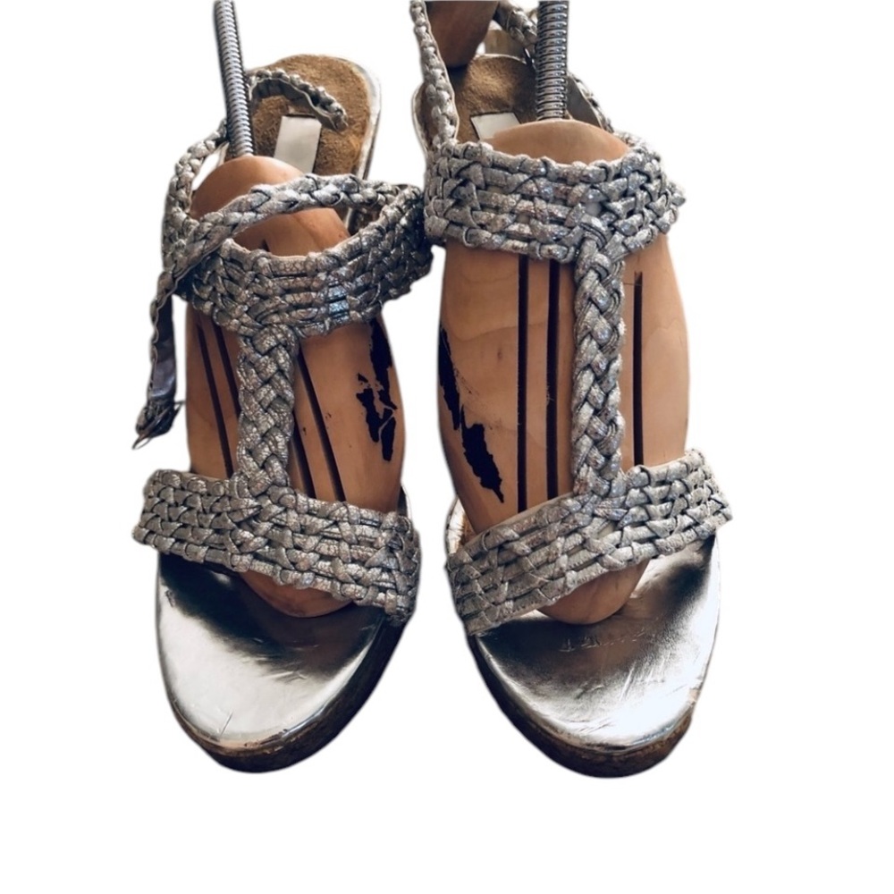 Spiegal size 10 silver braided leather open toe platform heel adjustable